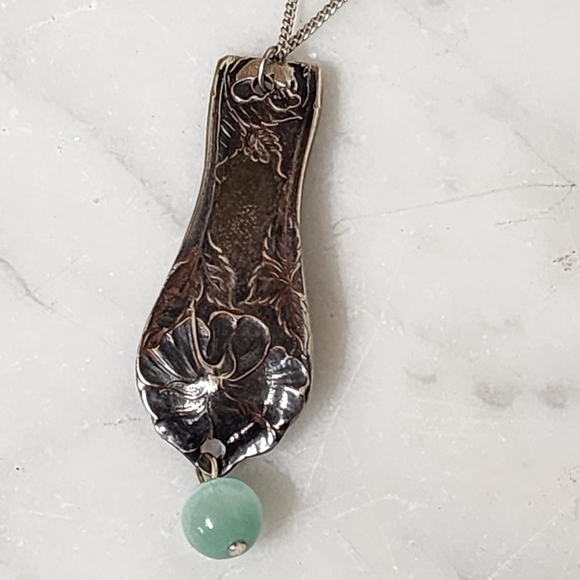 Flower Spoon Pendant Necklace Artisan Silver Plated Chain 18" Handmade Drop Bead - Picture 7 of 7